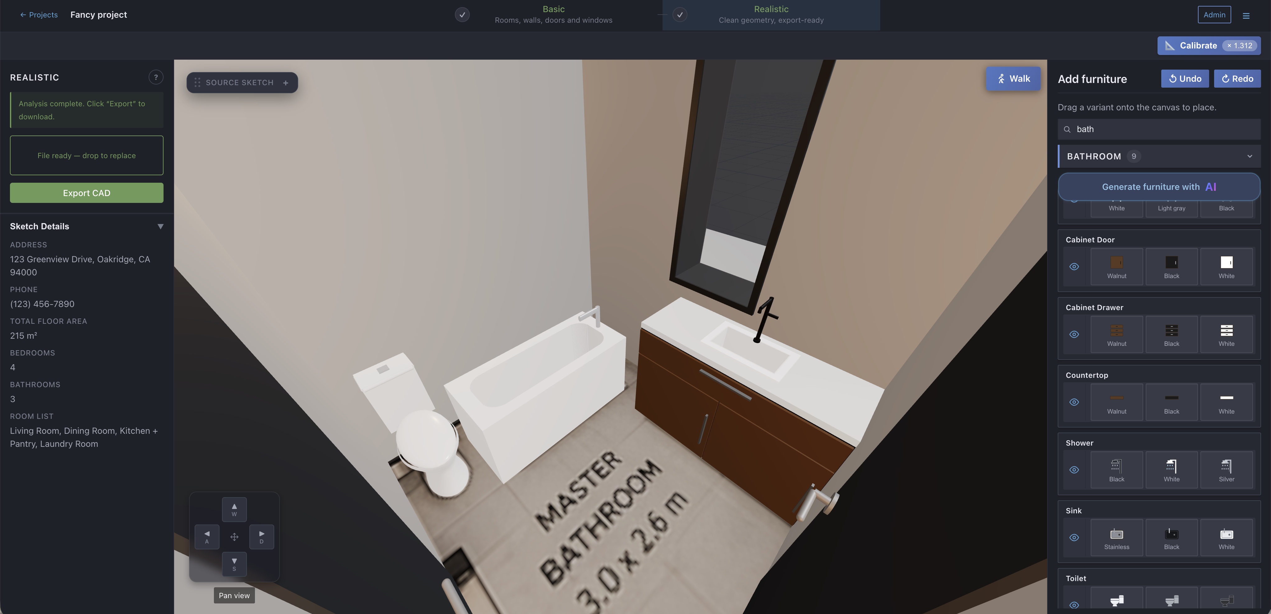 A bathroom in the 3D model furnished with the new toilet, shower, bathtub, and bathroom cabinet.