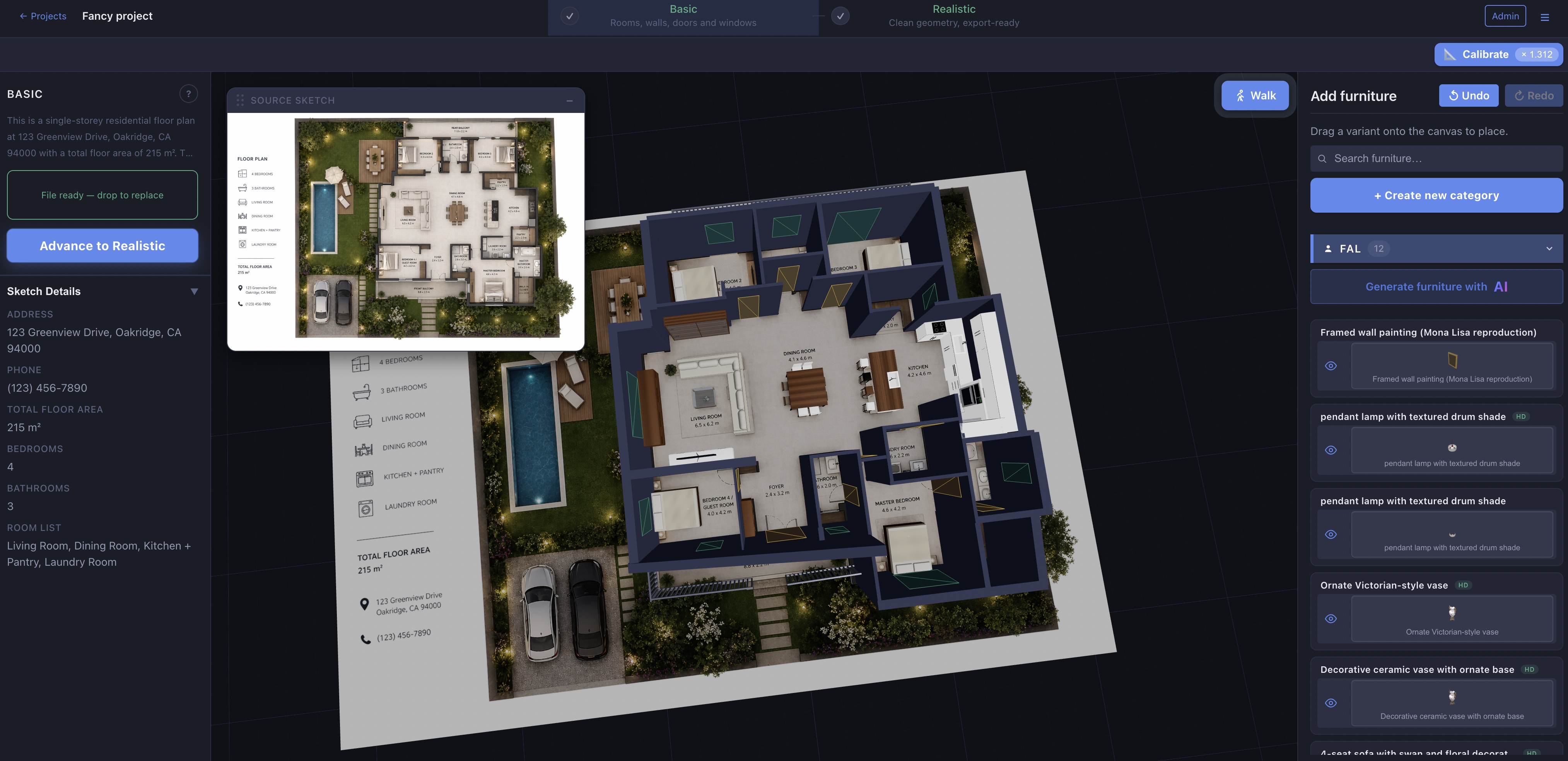 The app showing detected rooms and walls overlaid on the uploaded sketch, ready for review.